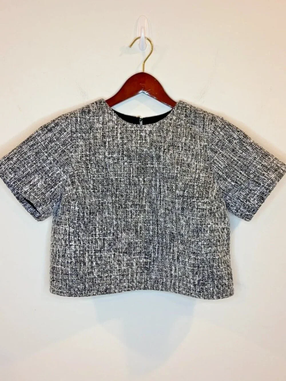 Abercrombie & Fitch Womens XS Tweed Woven Tee Top Black White Cropped Boxy Lined - Picture 5 of 14